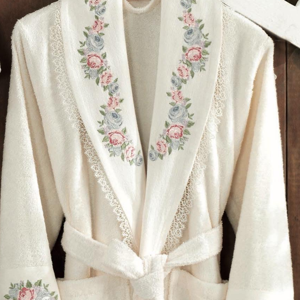 Women`s robe in classic kimono design with lace and floral patterns at the collar