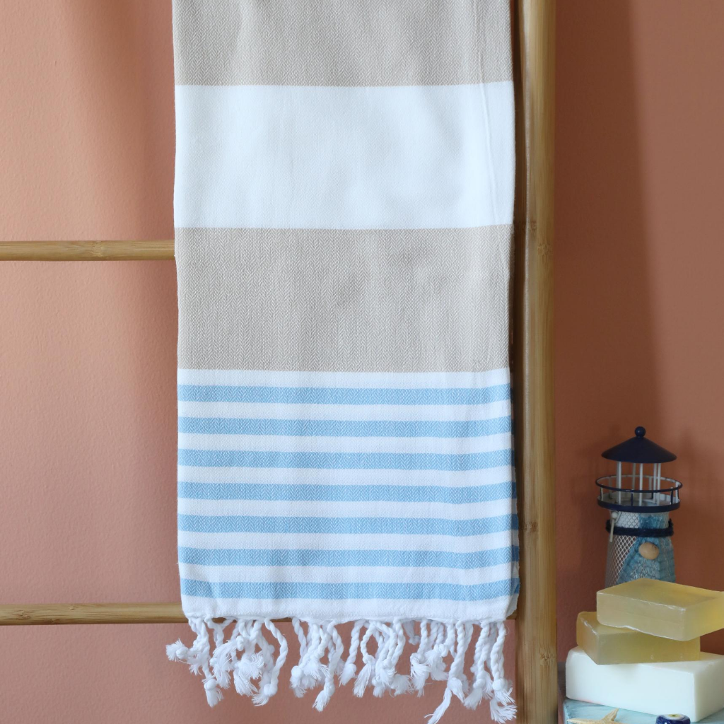 Cotton,Turkish beach towel has blue and brown stripes